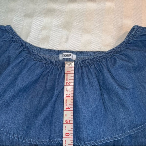 CI SONO Los Angeles Denim Romper Sz Small Off the Shoulder Ruffle Pockets EUC - Picture 12 of 12